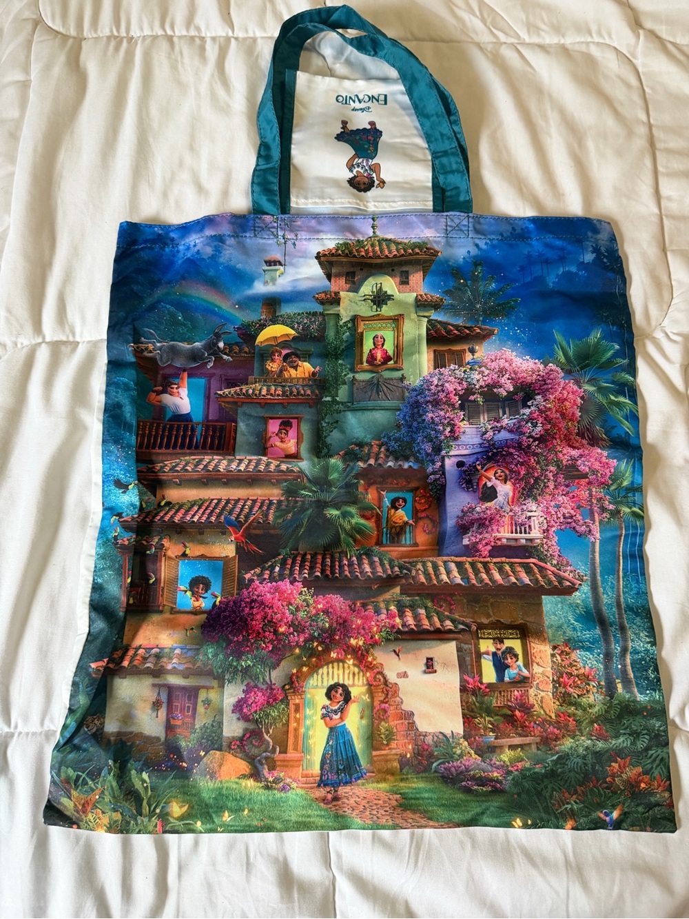Encanto Colorful Teal Tote Bag with Illustrated House Artwork